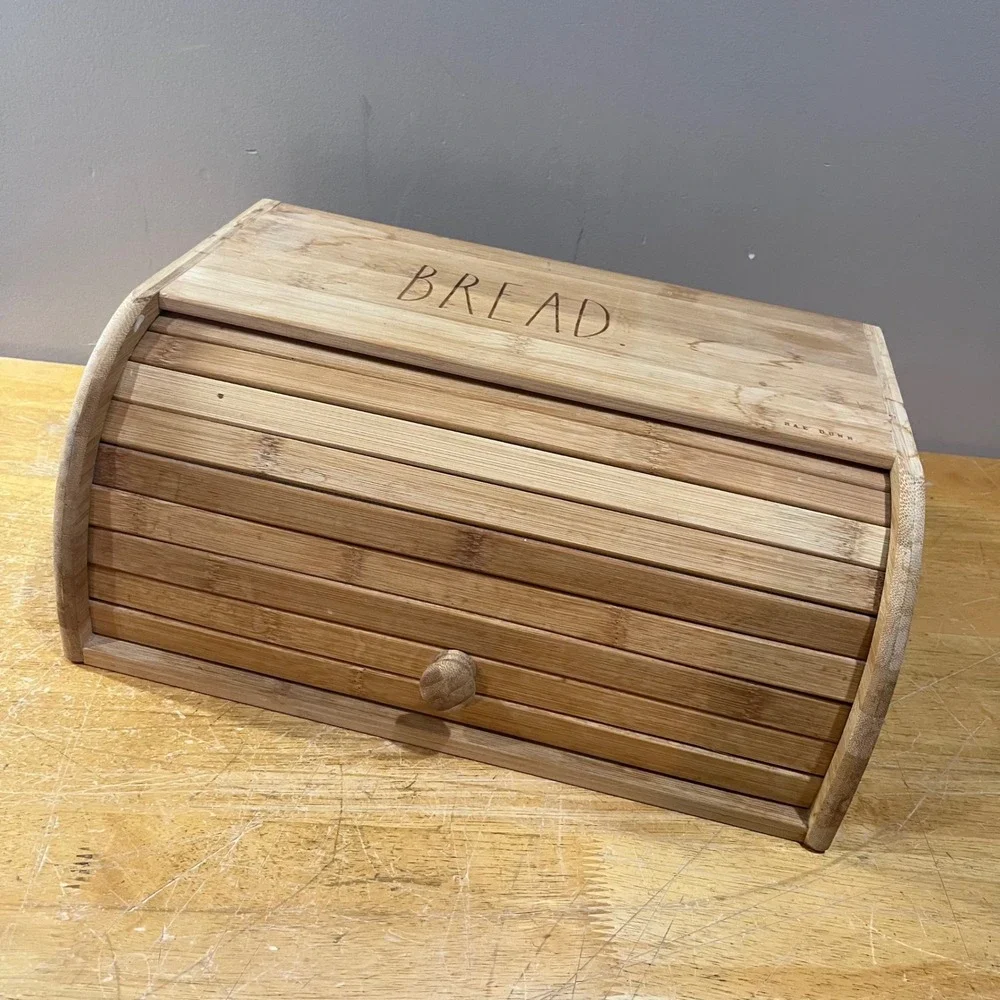 Rae Dunn Wood Bread Box Roll Top Farmhouse Kitchen Storage Natural Wood BREAD